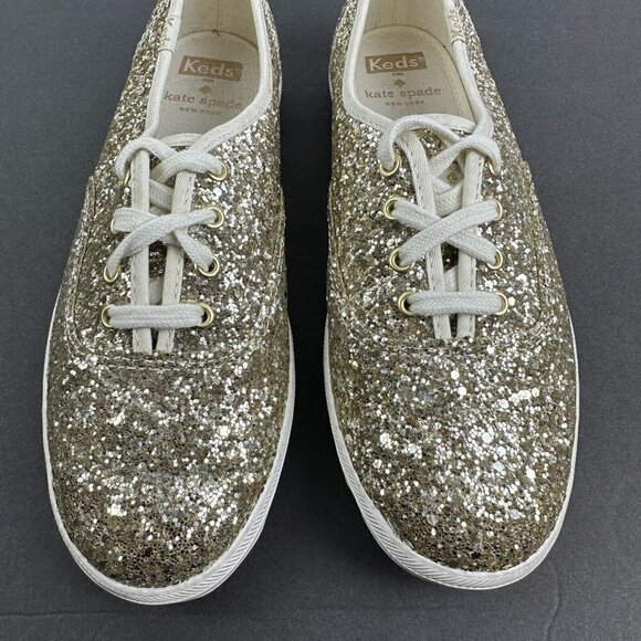 Keds For Kate Spade 7 Gold Glitter Platinum Lace Up Shoes Womens - Picture 4 of 9